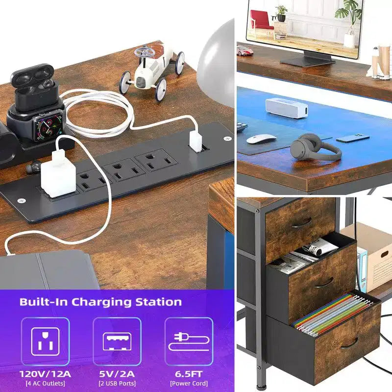 U Shaped Computer Gaming Desk, 79 Reversible l Shaped Computer Desk with Power Outlet & LED Strip