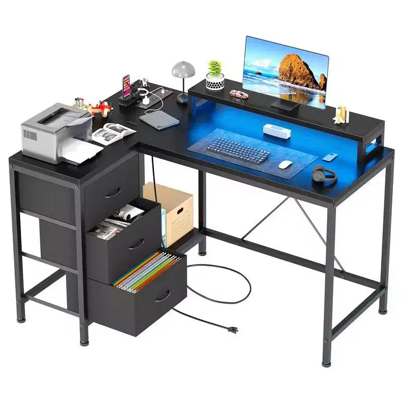 U Shaped Computer Gaming Desk, 79 Reversible l Shaped Computer Desk with Power Outlet & LED Strip