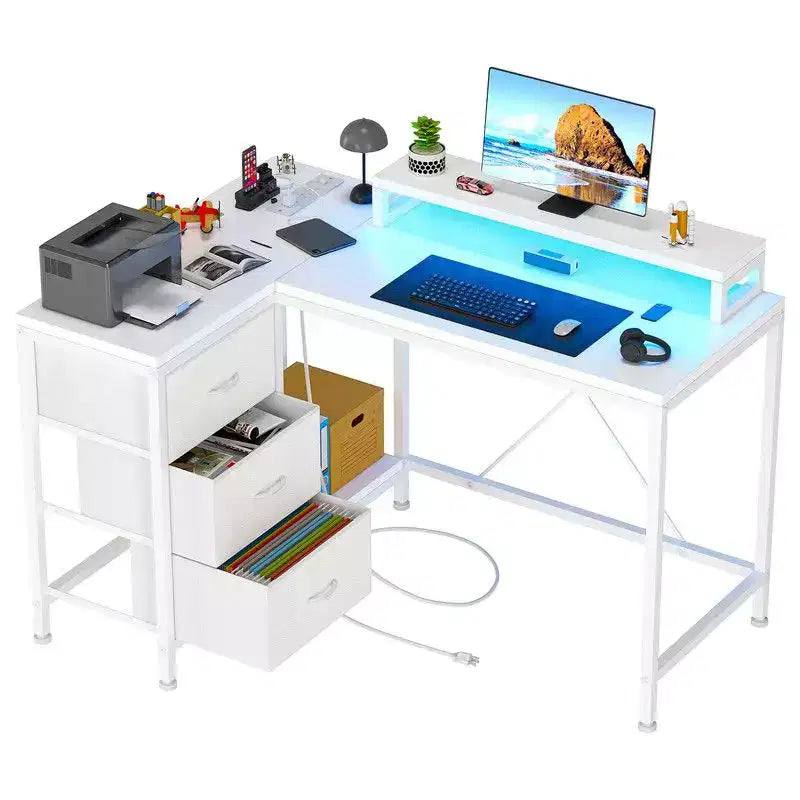 U Shaped Computer Gaming Desk, 79 Reversible l Shaped Computer Desk with Power Outlet & LED Strip