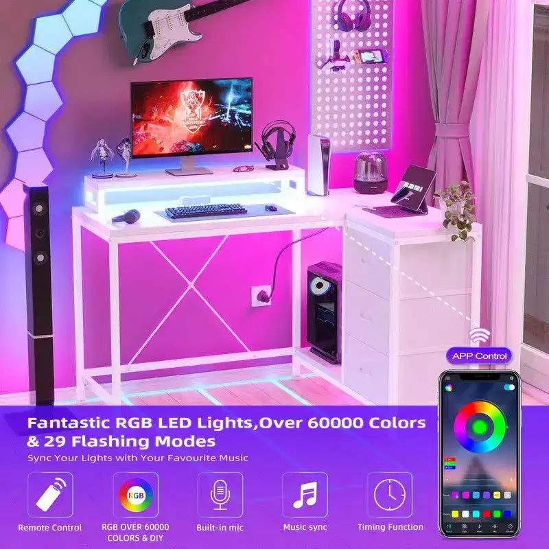 U Shaped Computer Gaming Desk, 79 Reversible l Shaped Computer Desk with Power Outlet & LED Strip