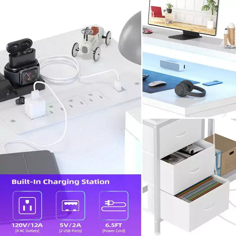 U Shaped Computer Gaming Desk, 79 Reversible l Shaped Computer Desk with Power Outlet & LED Strip
