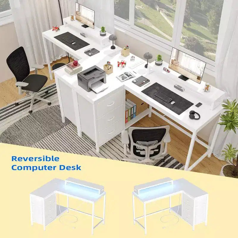 U Shaped Computer Gaming Desk, 79 Reversible l Shaped Computer Desk with Power Outlet & LED Strip