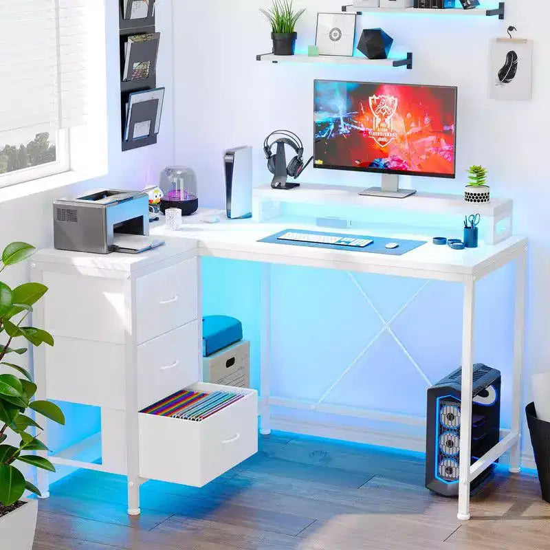U Shaped Computer Gaming Desk, 79 Reversible l Shaped Computer Desk with Power Outlet & LED Strip