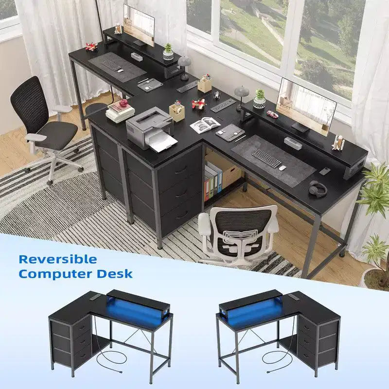 U Shaped Computer Gaming Desk, 79 Reversible l Shaped Computer Desk with Power Outlet & LED Strip