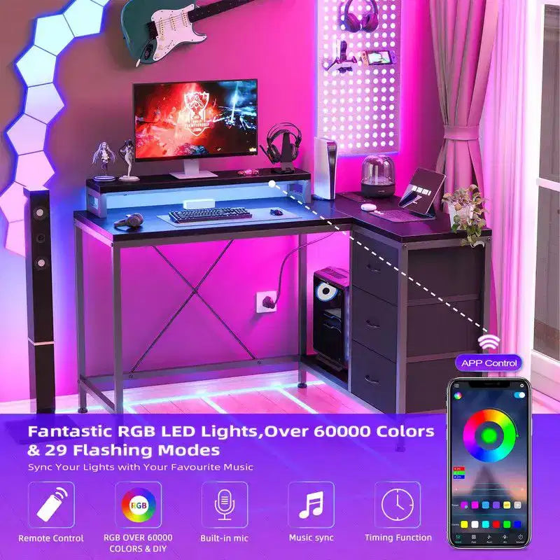 U Shaped Computer Gaming Desk, 79 Reversible l Shaped Computer Desk with Power Outlet & LED Strip