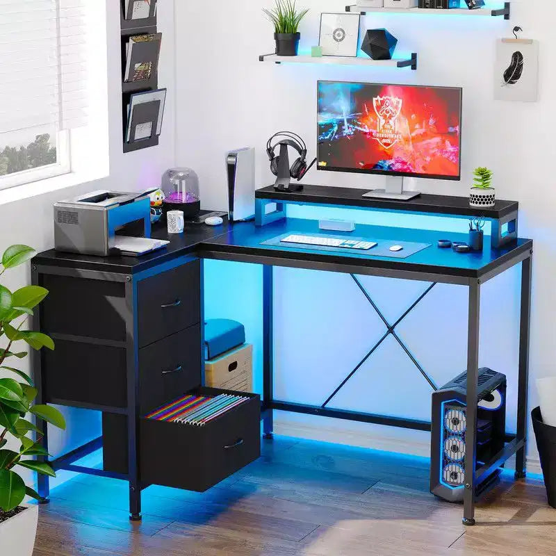 U Shaped Computer Gaming Desk, 79 Reversible l Shaped Computer Desk with Power Outlet & LED Strip