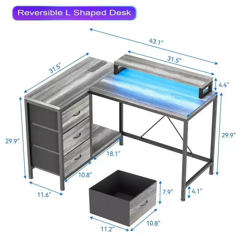 U Shaped Computer Gaming Desk, 79 Reversible l Shaped Computer Desk with Power Outlet & LED Strip