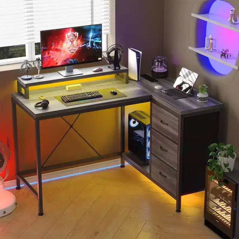 U Shaped Computer Gaming Desk, 79 Reversible l Shaped Computer Desk with Power Outlet & LED Strip