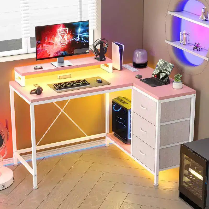 U Shaped Computer Gaming Desk, 79 Reversible l Shaped Computer Desk with Power Outlet & LED Strip