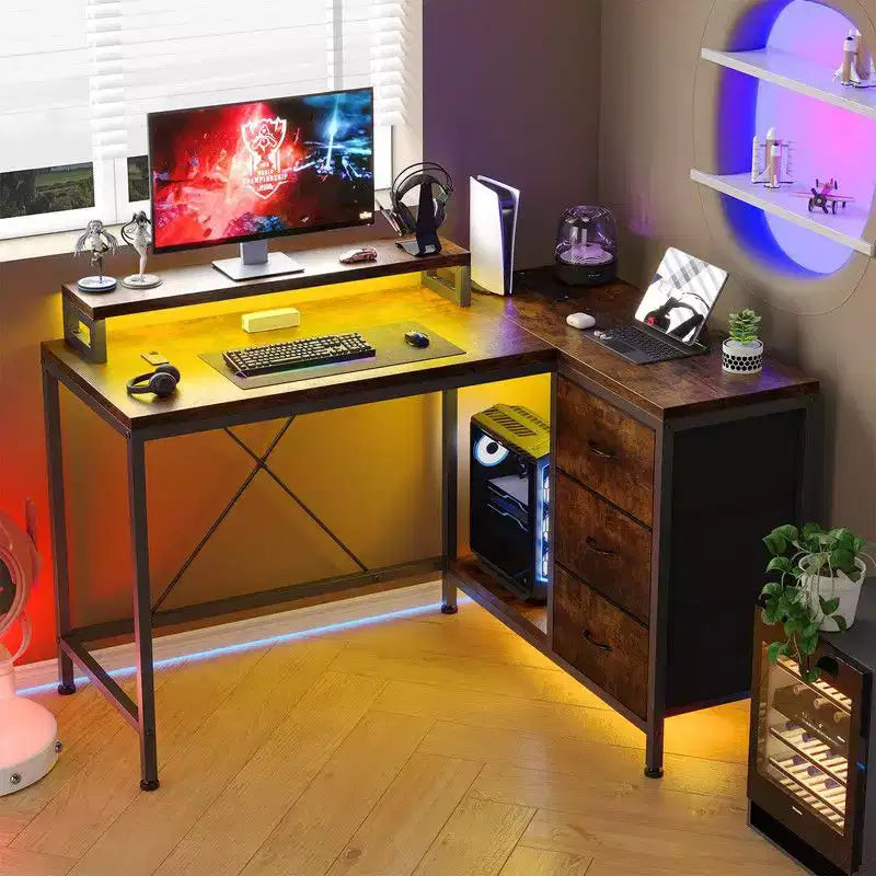 U Shaped Computer Gaming Desk, 79 Reversible l Shaped Computer Desk with Power Outlet & LED Strip