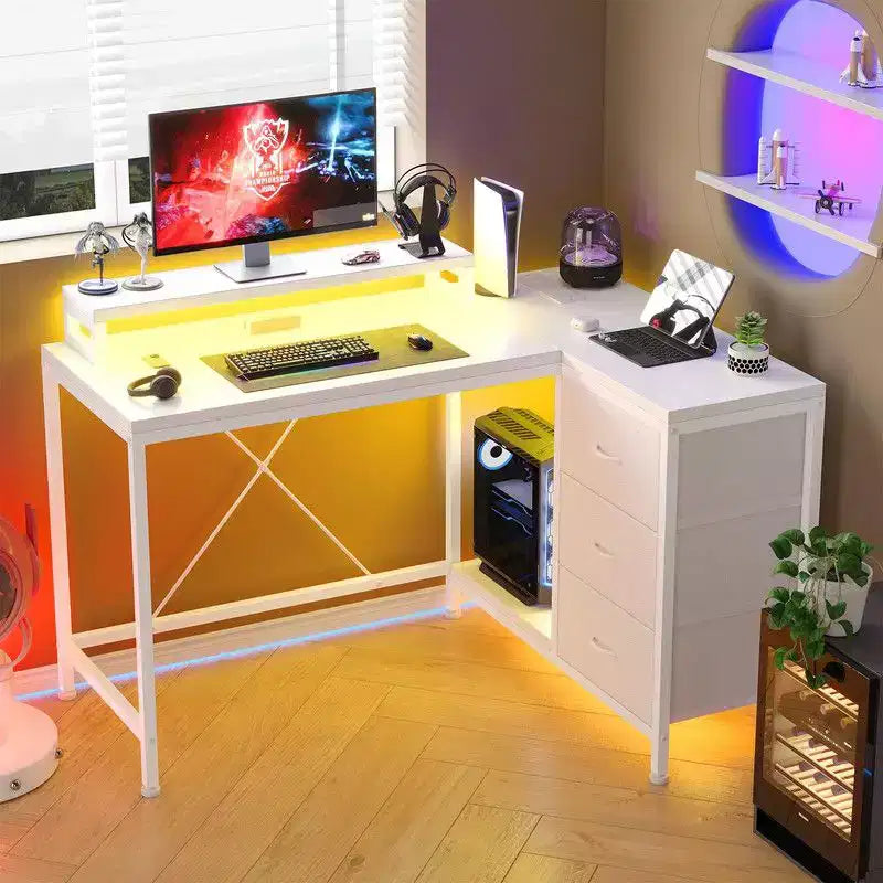 U Shaped Computer Gaming Desk, 79 Reversible l Shaped Computer Desk with Power Outlet & LED Strip