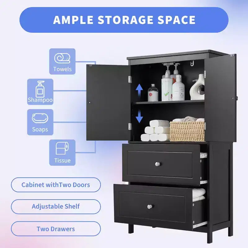 Tall Freestanding Bathroom Storage Cabinet, Versatile Storage Cabinet with 2 Large Drawers, 1 Door Cabinet & Adjustable Shelves