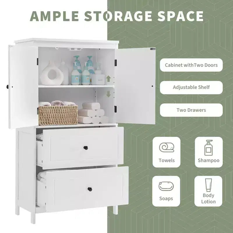 Tall Freestanding Bathroom Storage Cabinet, Versatile Storage Cabinet with 2 Large Drawers, 1 Door Cabinet & Adjustable Shelves