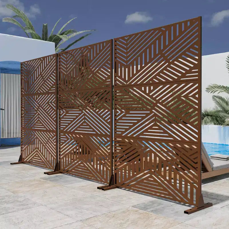 Room Divider Screen Random Stripe Brown Galvanized Sheet 72x47x16in 3-Panel
