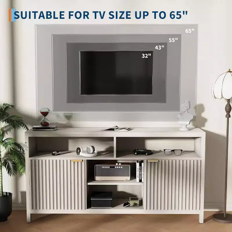 TV Stand 65 Inches,Mid Century Modern Fluted TV Entertainment Center with Storage Cabinets,Slim Tall Wood Media Console Table