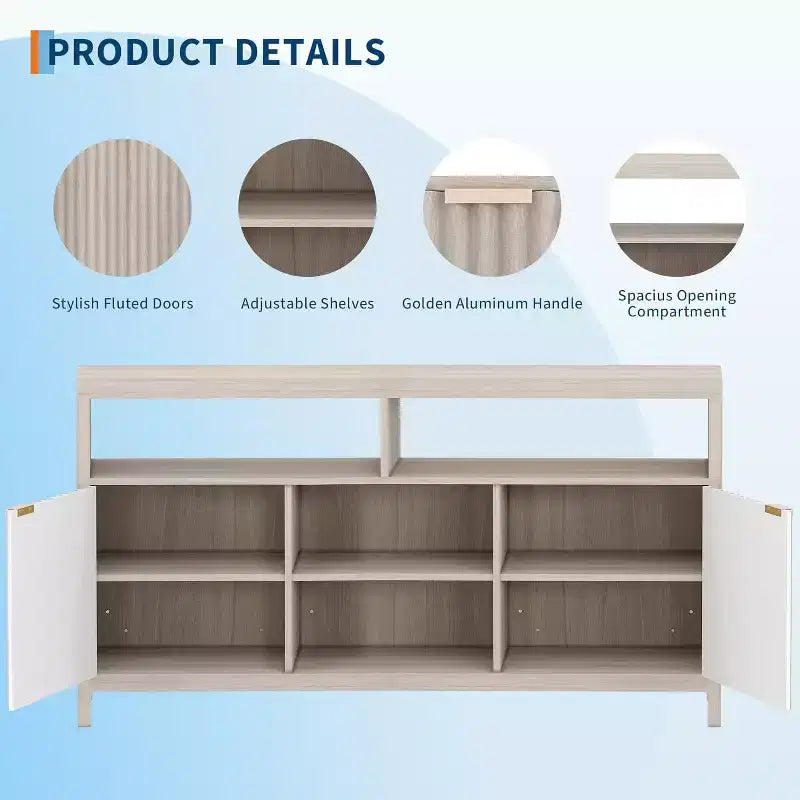 TV Stand 65 Inches,Mid Century Modern Fluted TV Entertainment Center with Storage Cabinets,Slim Tall Wood Media Console Table