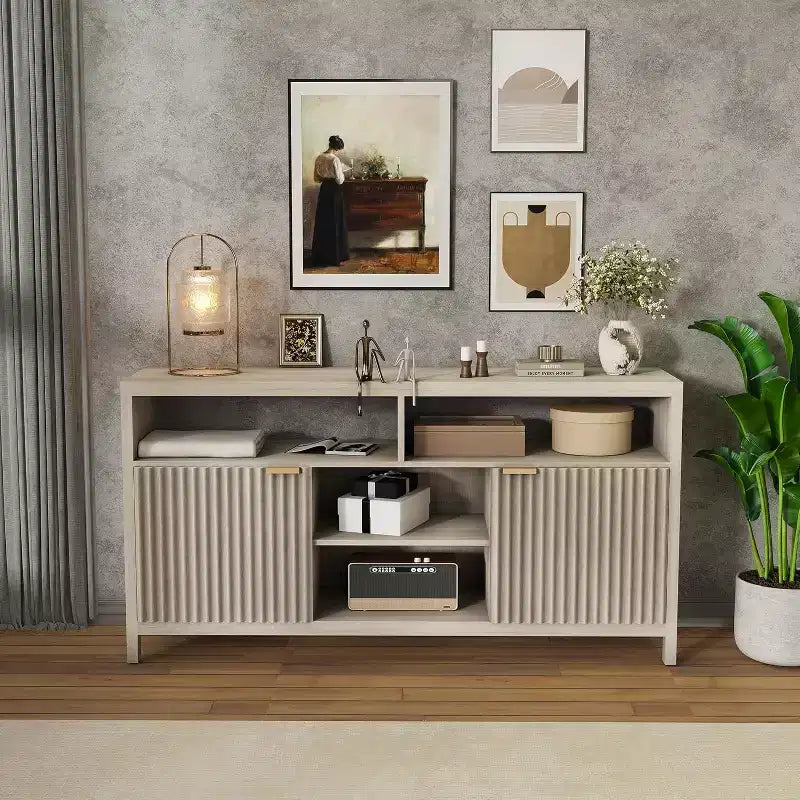 TV Stand 65 Inches,Mid Century Modern Fluted TV Entertainment Center with Storage Cabinets,Slim Tall Wood Media Console Table
