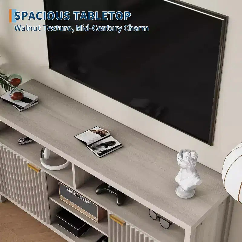 TV Stand 65 Inches,Mid Century Modern Fluted TV Entertainment Center with Storage Cabinets,Slim Tall Wood Media Console Table