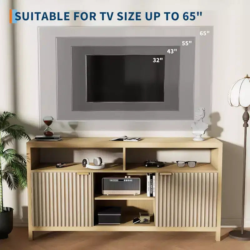 TV Stand 65 Inches,Mid Century Modern Fluted TV Entertainment Center with Storage Cabinets,Slim Tall Wood Media Console Table