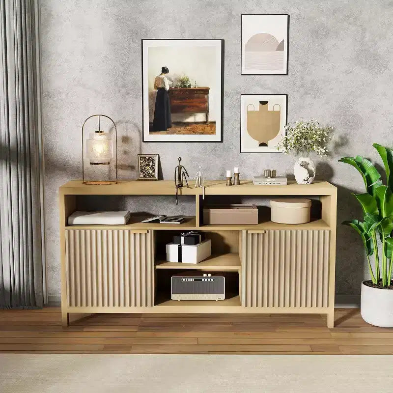 TV Stand 65 Inches,Mid Century Modern Fluted TV Entertainment Center with Storage Cabinets,Slim Tall Wood Media Console Table