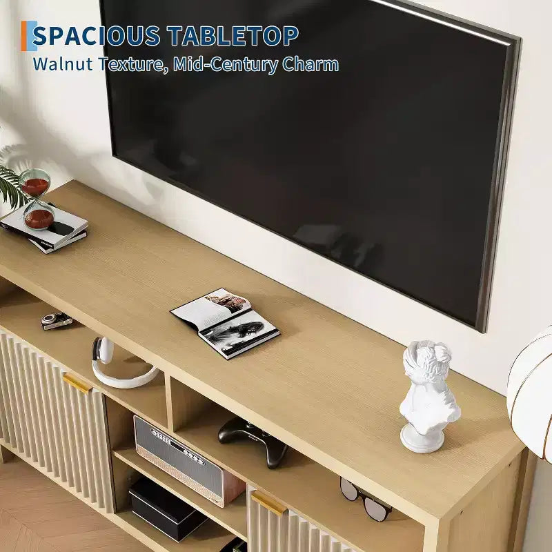 TV Stand 65 Inches,Mid Century Modern Fluted TV Entertainment Center with Storage Cabinets,Slim Tall Wood Media Console Table