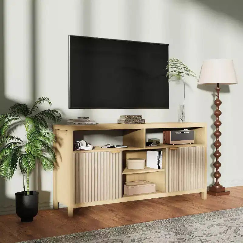 TV Stand 65 Inches,Mid Century Modern Fluted TV Entertainment Center with Storage Cabinets,Slim Tall Wood Media Console Table