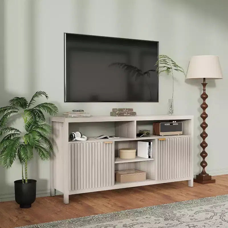 TV Stand 65 Inches,Mid Century Modern Fluted TV Entertainment Center with Storage Cabinets,Slim Tall Wood Media Console Table