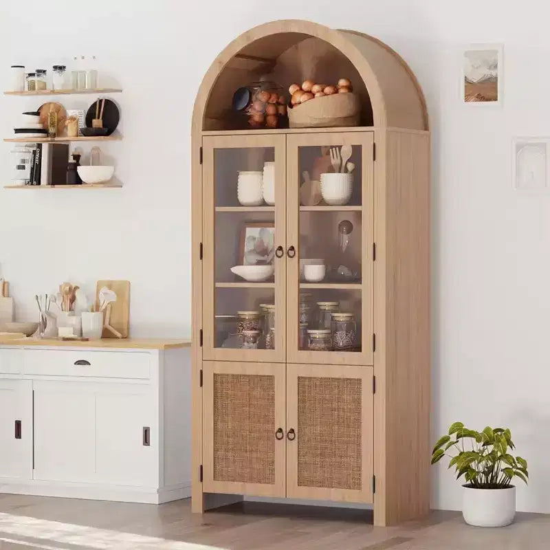 71 Tall Arched Display Cabinet, 6-Tier Modern Fluted Wood Storage Cabinet Rattan Doors, Kitchens Storage Cabinets for Dining Room, Living Room