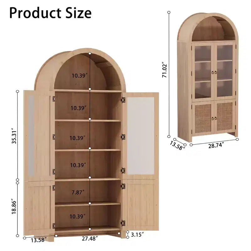 71 Tall Arched Display Cabinet, 6-Tier Modern Fluted Wood Storage Cabinet Rattan Doors, Kitchens Storage Cabinets for Dining Room, Living Room
