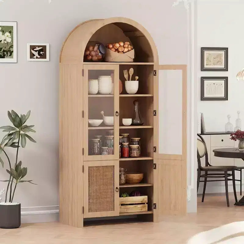 71 Tall Arched Display Cabinet, 6-Tier Modern Fluted Wood Storage Cabinet Rattan Doors, Kitchens Storage Cabinets for Dining Room, Living Room