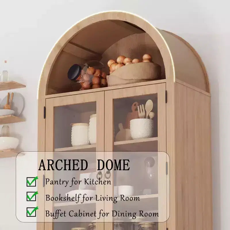 71 Tall Arched Display Cabinet, 6-Tier Modern Fluted Wood Storage Cabinet Rattan Doors, Kitchens Storage Cabinets for Dining Room, Living Room