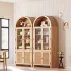 71 Tall Arched Display Cabinet, 6-Tier Modern Fluted Wood Storage Cabinet Rattan Doors, Kitchens Storage Cabinets for Dining Room, Living Room