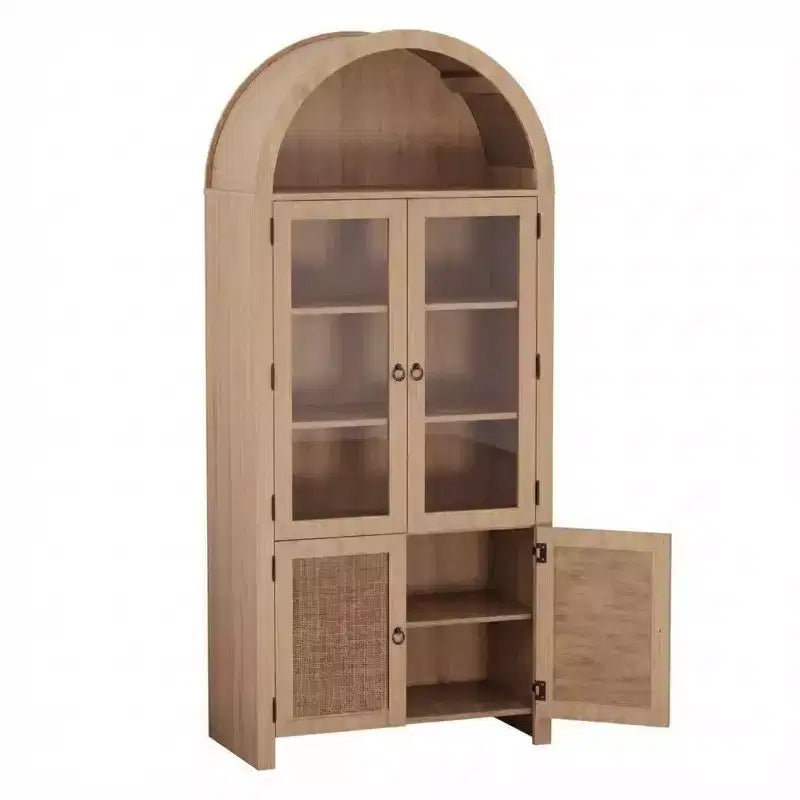 71 Tall Arched Display Cabinet, 6-Tier Modern Fluted Wood Storage Cabinet Rattan Doors, Kitchens Storage Cabinets for Dining Room, Living Room