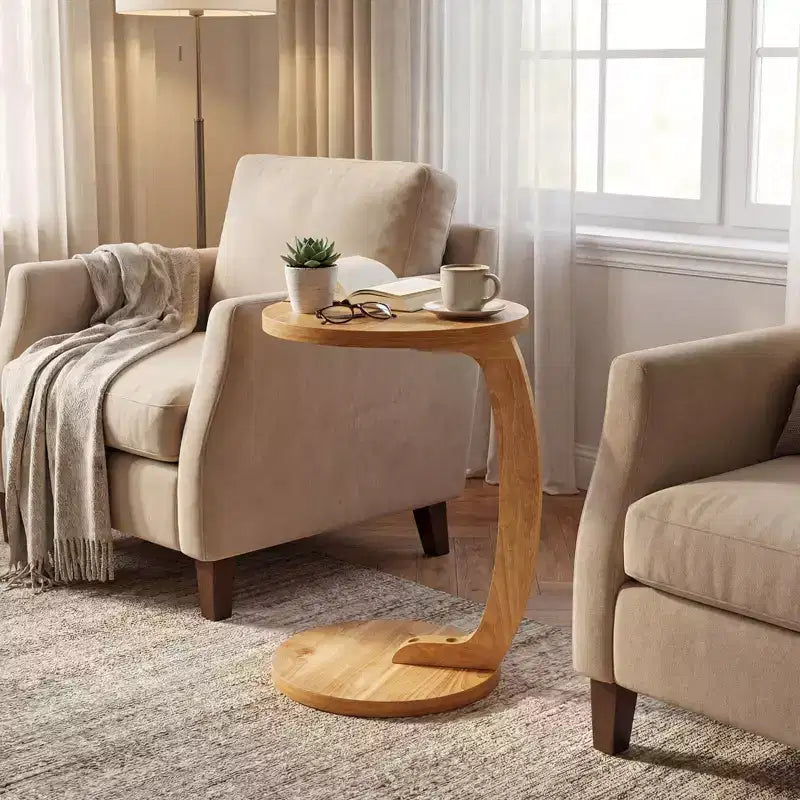 1/2 PCS Round C-shaped Side Table, 24 Solid Teak Wood End Table with Thickened Top