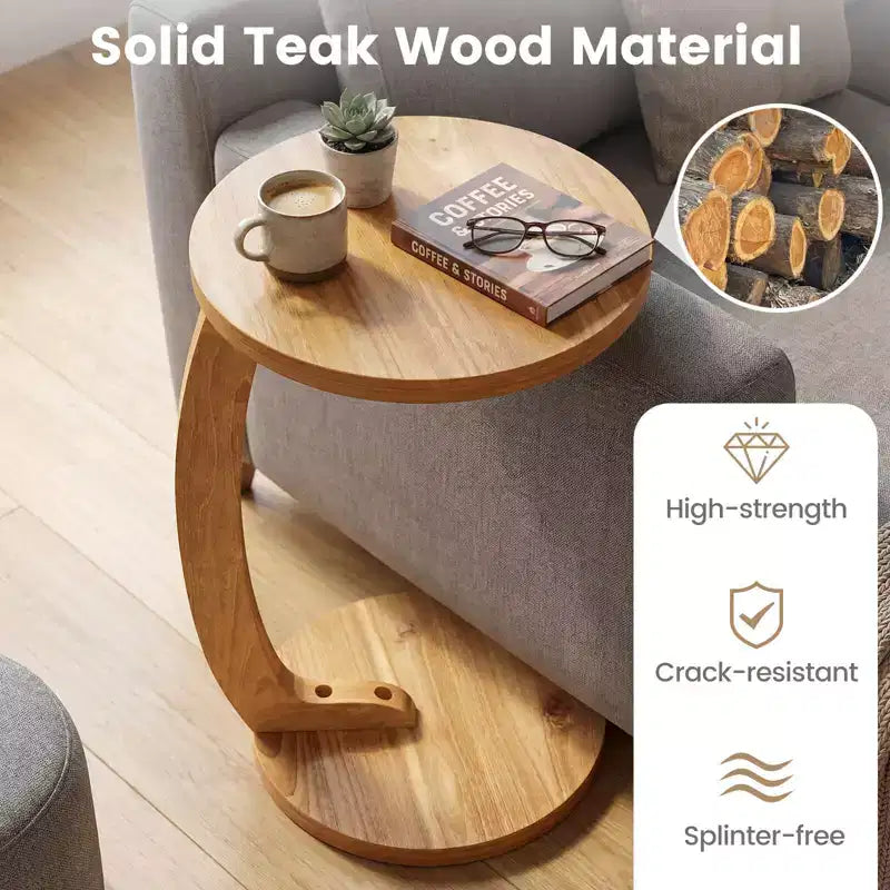1/2 PCS Round C-shaped Side Table, 24 Solid Teak Wood End Table with Thickened Top