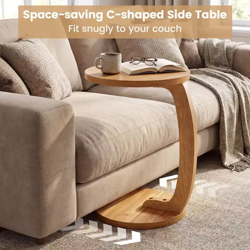1/2 PCS Round C-shaped Side Table, 24 Solid Teak Wood End Table with Thickened Top