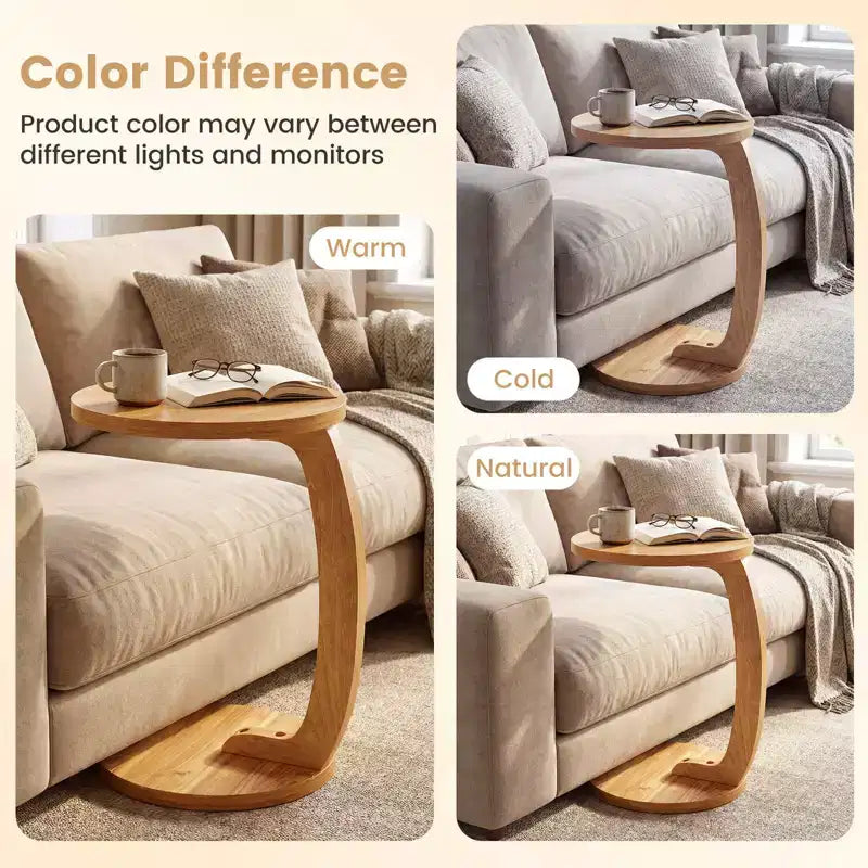1/2 PCS Round C-shaped Side Table, 24 Solid Teak Wood End Table with Thickened Top