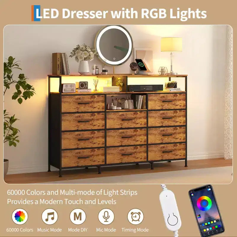 Dresser for Bedroom with 11 Fabric Drawers, Featuring Power Outlet & LED Lights, Wooden Top, 55w TV Stand for Chest of Drawers for Closet Entryway