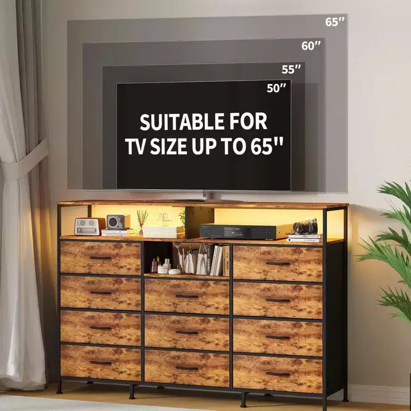 Dresser for Bedroom with 11 Fabric Drawers, Featuring Power Outlet & LED Lights, Wooden Top, 55w TV Stand for Chest of Drawers for Closet Entryway