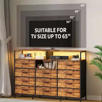 Dresser for Bedroom with 11 Fabric Drawers, Featuring Power Outlet & LED Lights, Wooden Top, 55w TV Stand for Chest of Drawers for Closet Entryway