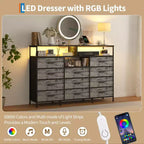 Dresser for Bedroom with 11 Fabric Drawers, Featuring Power Outlet & LED Lights, Wooden Top, 55w TV Stand for Chest of Drawers for Closet Entryway