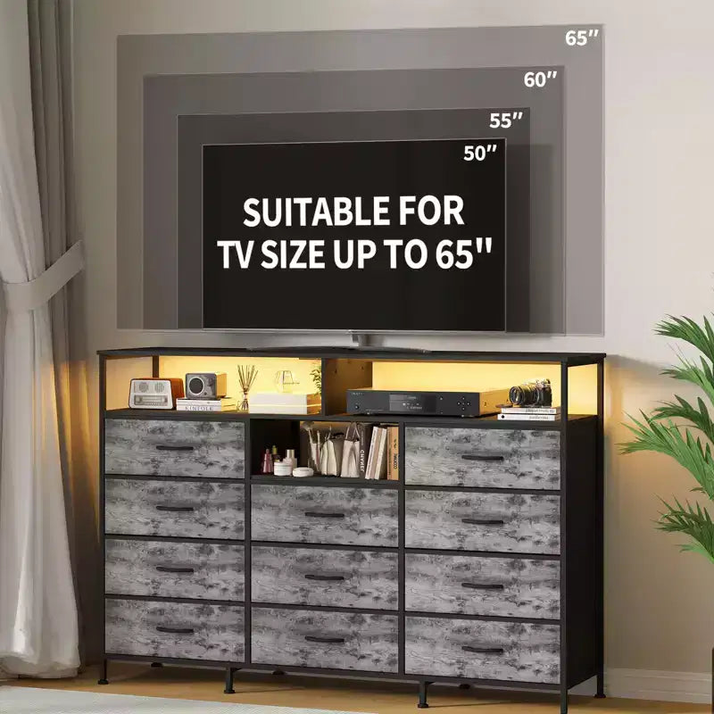 Dresser for Bedroom with 11 Fabric Drawers, Featuring Power Outlet & LED Lights, Wooden Top, 55w TV Stand for Chest of Drawers for Closet Entryway