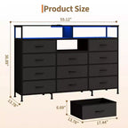 Dresser for Bedroom with 11 Fabric Drawers, Featuring Power Outlet & LED Lights, Wooden Top, 55w TV Stand for Chest of Drawers for Closet Entryway
