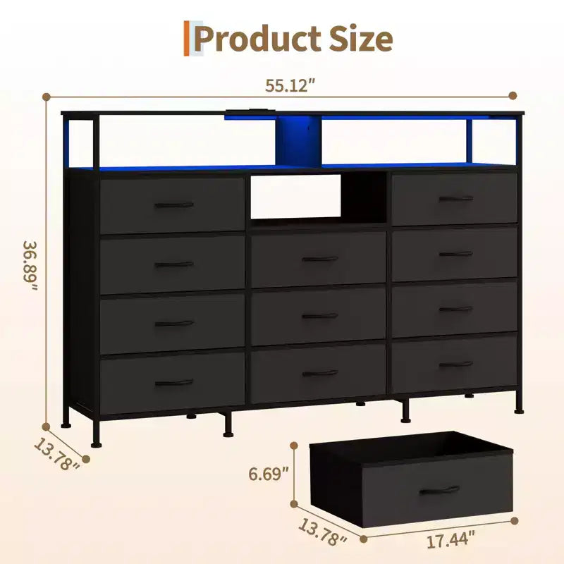 Dresser for Bedroom with 11 Fabric Drawers, Featuring Power Outlet & LED Lights, Wooden Top, 55w TV Stand for Chest of Drawers for Closet Entryway