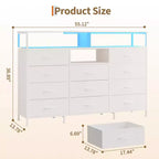 Dresser for Bedroom with 11 Fabric Drawers, Featuring Power Outlet & LED Lights, Wooden Top, 55w TV Stand for Chest of Drawers for Closet Entryway