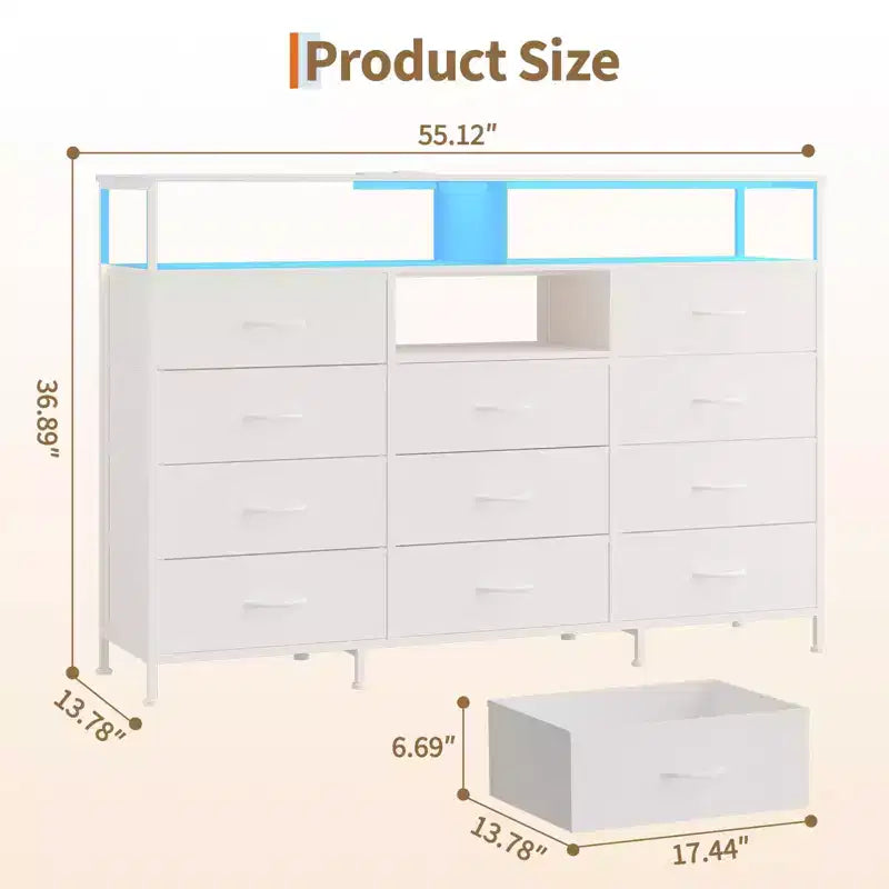 Dresser for Bedroom with 11 Fabric Drawers, Featuring Power Outlet & LED Lights, Wooden Top, 55w TV Stand for Chest of Drawers for Closet Entryway