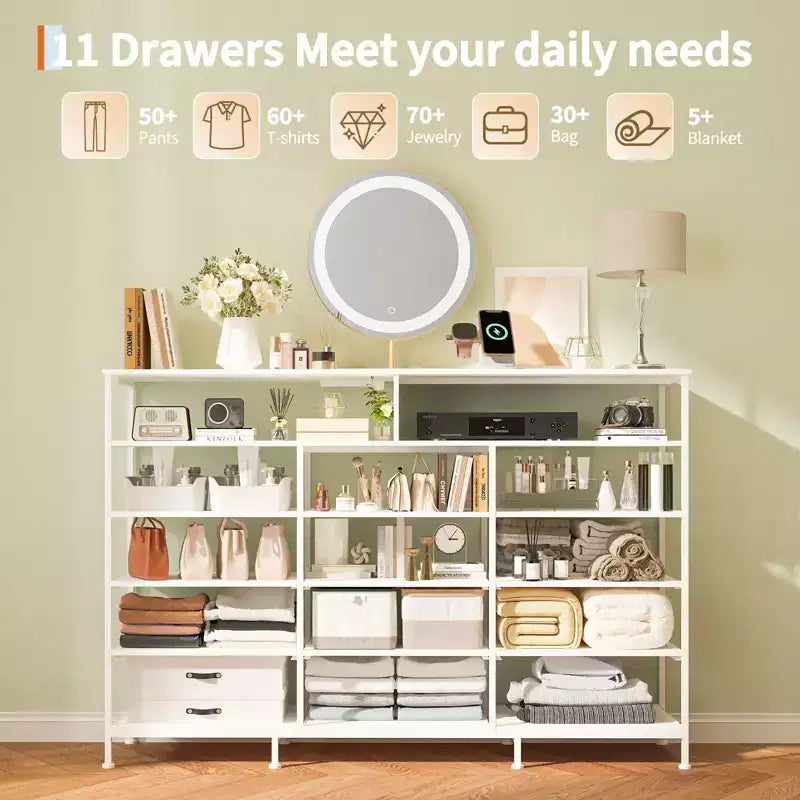 Dresser for Bedroom with 11 Fabric Drawers, Featuring Power Outlet & LED Lights, Wooden Top, 55w TV Stand for Chest of Drawers for Closet Entryway