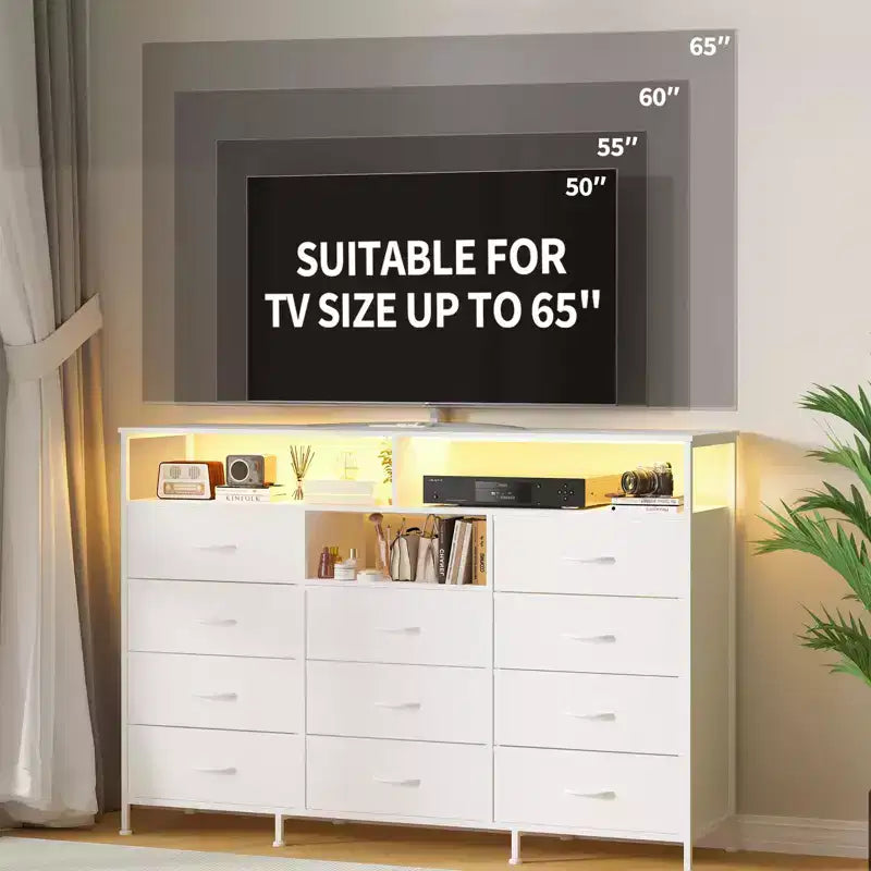 Dresser for Bedroom with 11 Fabric Drawers, Featuring Power Outlet & LED Lights, Wooden Top, 55w TV Stand for Chest of Drawers for Closet Entryway