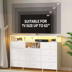Dresser for Bedroom with 11 Fabric Drawers, Featuring Power Outlet & LED Lights, Wooden Top, 55w TV Stand for Chest of Drawers for Closet Entryway