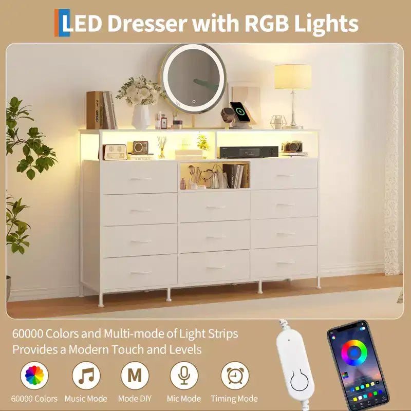 Dresser for Bedroom with 11 Fabric Drawers, Featuring Power Outlet & LED Lights, Wooden Top, 55w TV Stand for Chest of Drawers for Closet Entryway